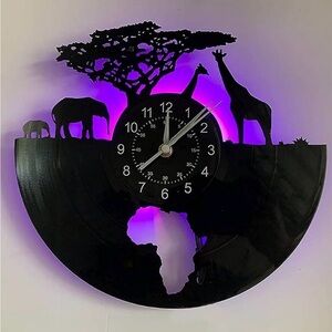Black Wildlife Silhouette Wall Clock 7 Colors LED Lights, Recycled Vinyl Record